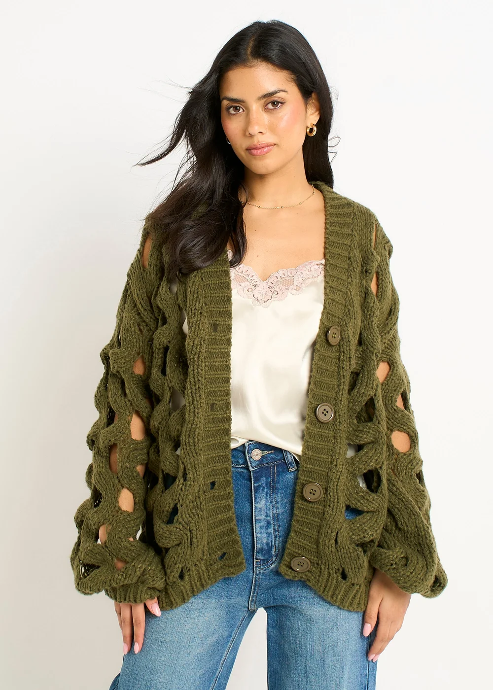 Gini London Khaki Hollow Chunky Knit Cardigan - M/L Image 3