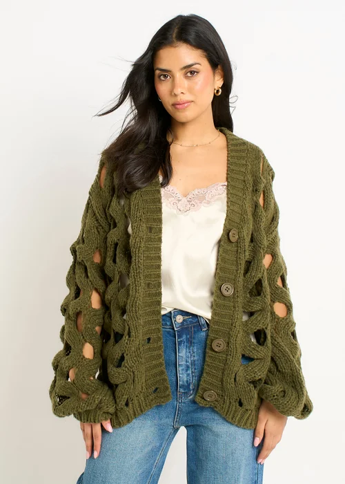 Gini London Khaki Hollow Chunky Knit Cardigan - M/L Image 3