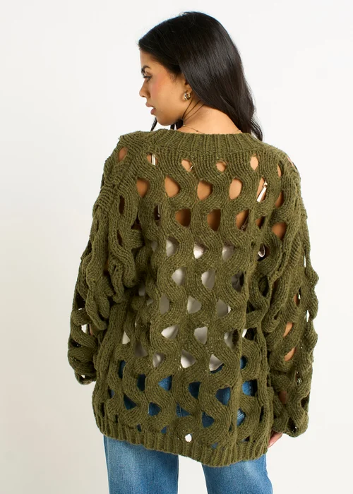 Gini London Khaki Hollow Chunky Knit Cardigan - M/L Image 2
