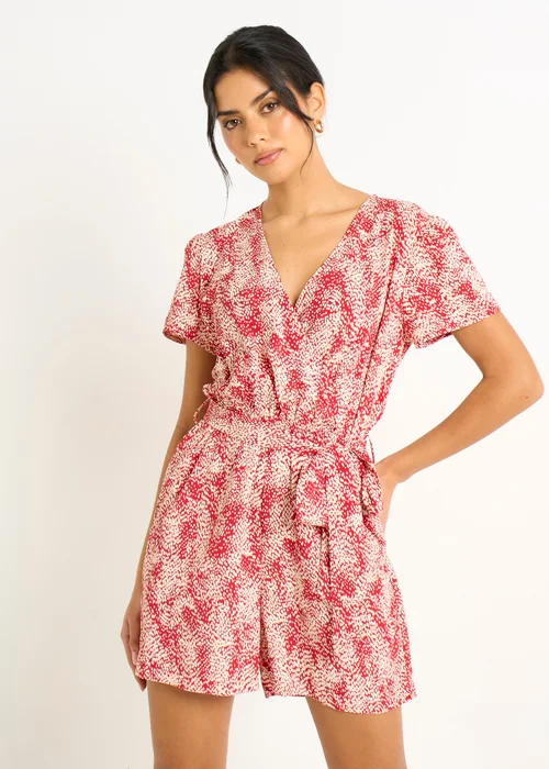Gini London Red Abstract Animal Print Wrap Front Belted Playsuit - 8 Image 3