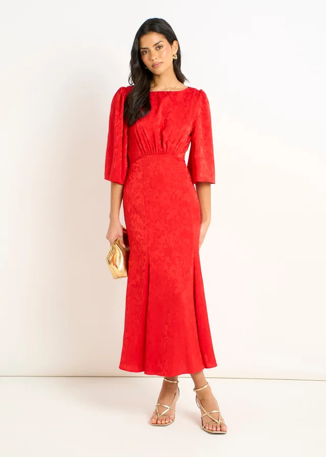 Gini London Red Satin Jacquard Midi Dress