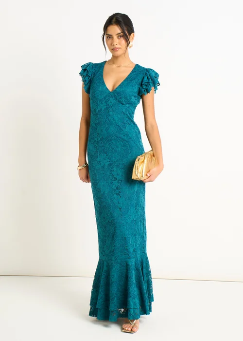 Gini London Teal Jersey Lace V Neck Ruffle Maxi Dress - 12 Image 2