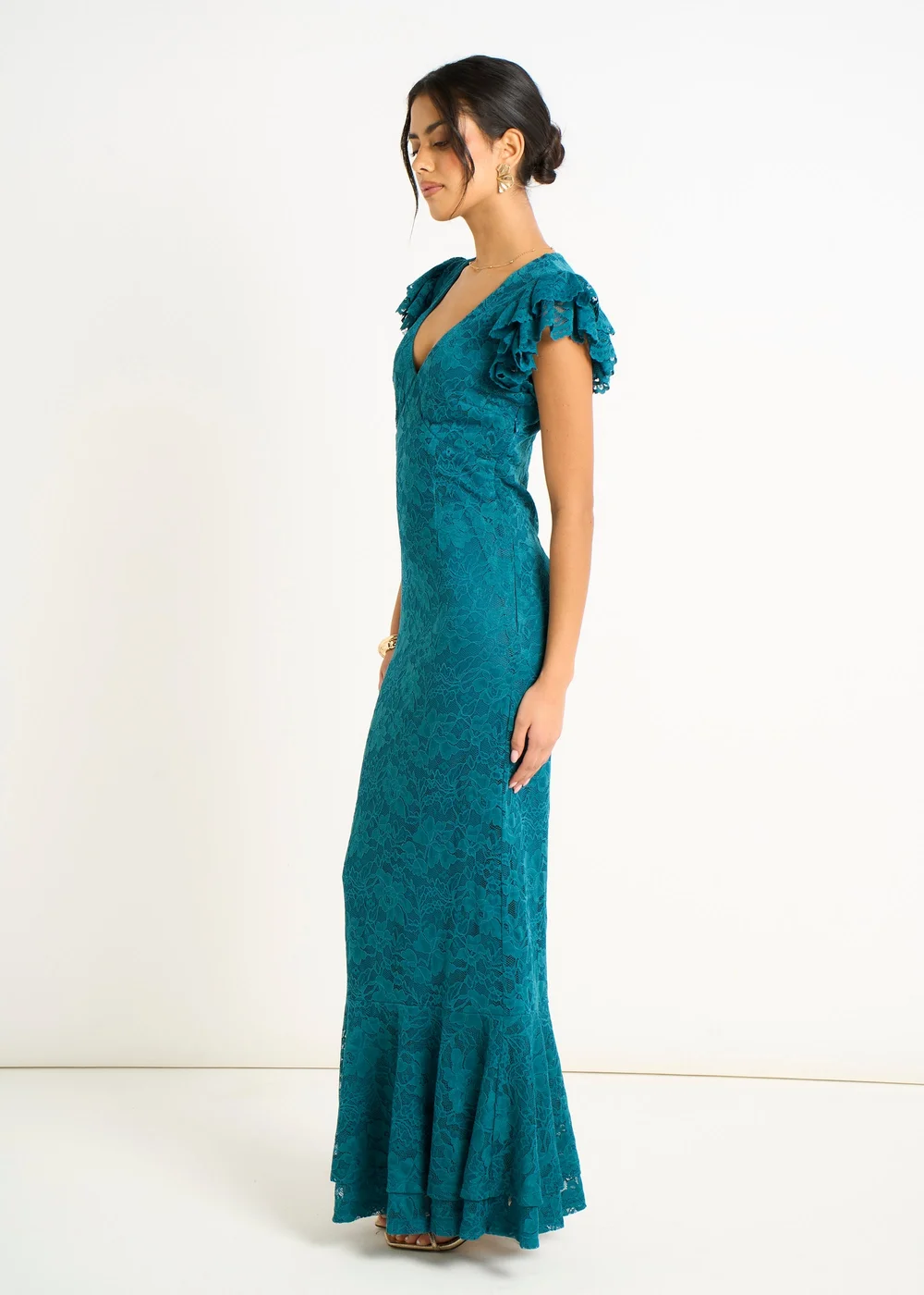 Gini London Teal Jersey Lace V Neck Ruffle Maxi Dress - 12 Image 5