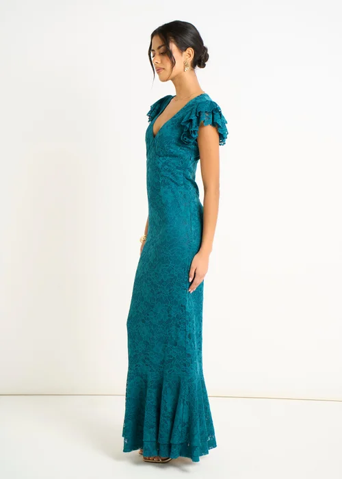 Gini London Teal Jersey Lace V Neck Ruffle Maxi Dress - 12 Image 5
