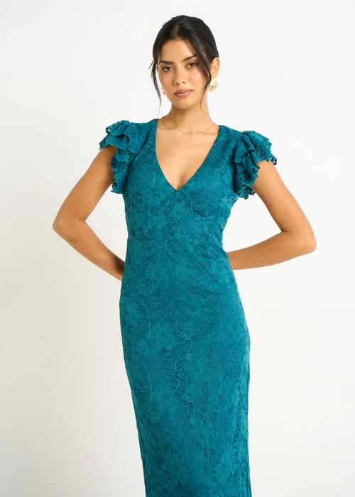 Gini London Teal Jersey Lace V Neck Ruffle Maxi Dress - 12 Image 4
