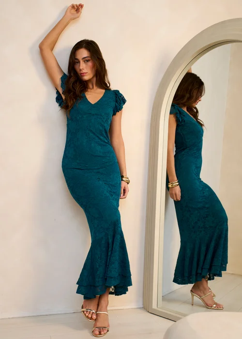 Gini London Teal Jersey Lace V Neck Ruffle Maxi Dress - 12 Image 1