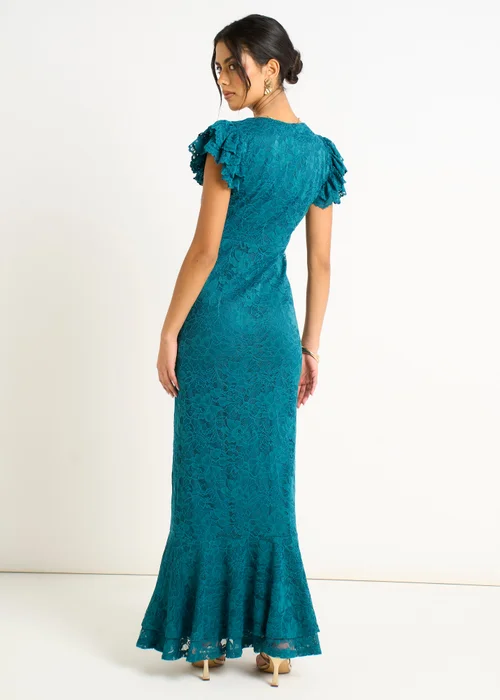 Gini London Teal Jersey Lace V Neck Ruffle Maxi Dress - 12 Image 3
