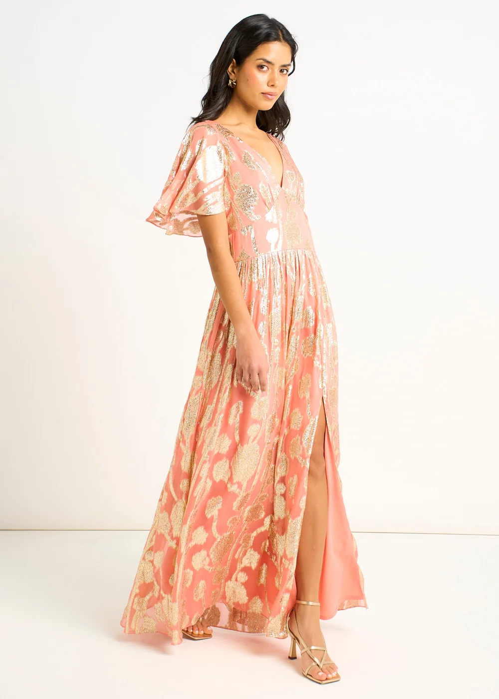 Gini London Pink Metallic Jacquard Flutter Sleeves Floral Maxi Dress - 8 Image 4
