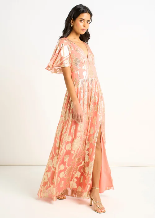 Gini London Pink Metallic Jacquard Flutter Sleeves Floral Maxi Dress - 8 Image 4