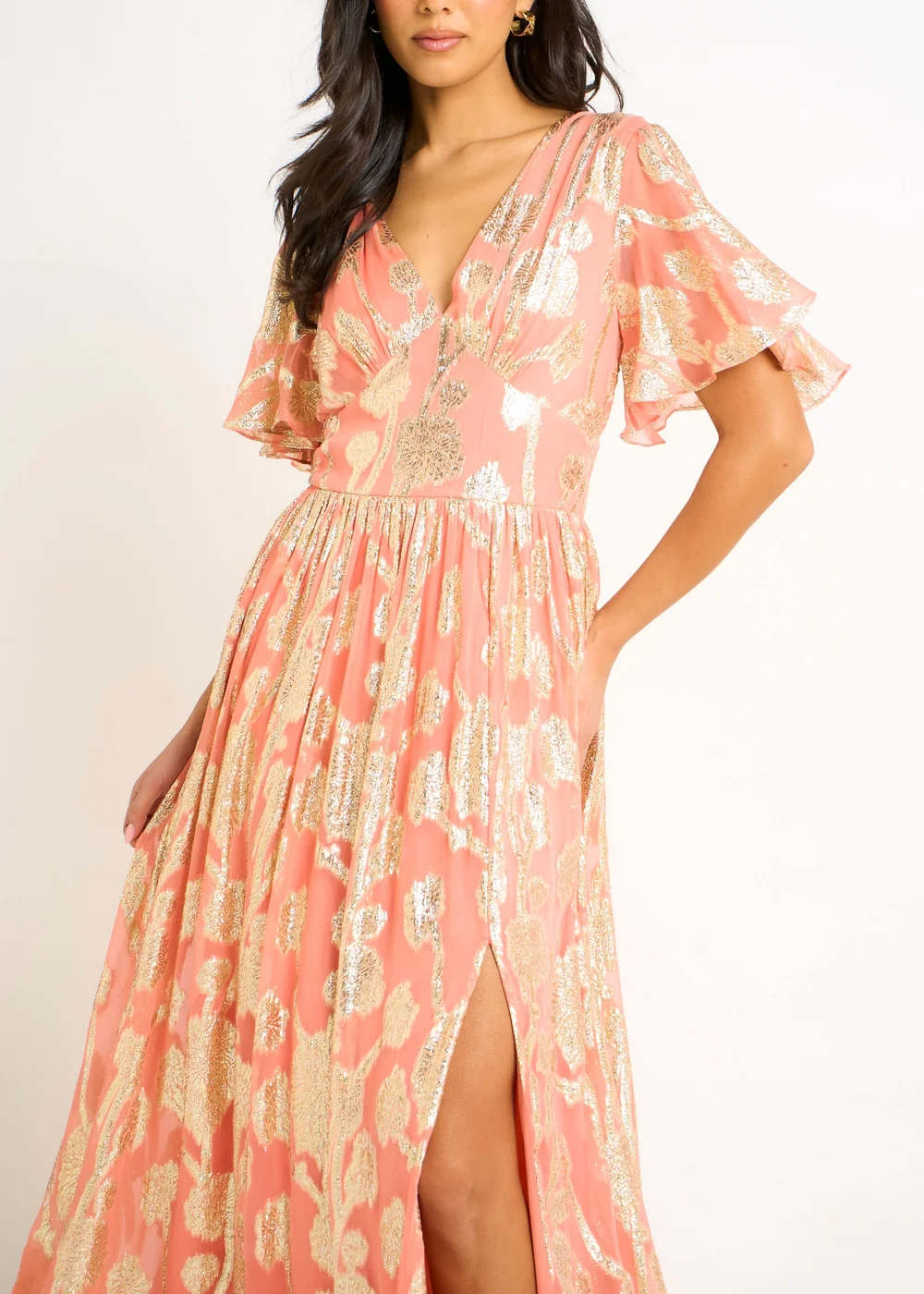 Gini London Pink Metallic Jacquard Flutter Sleeves Floral Maxi Dress - 8 Image 3