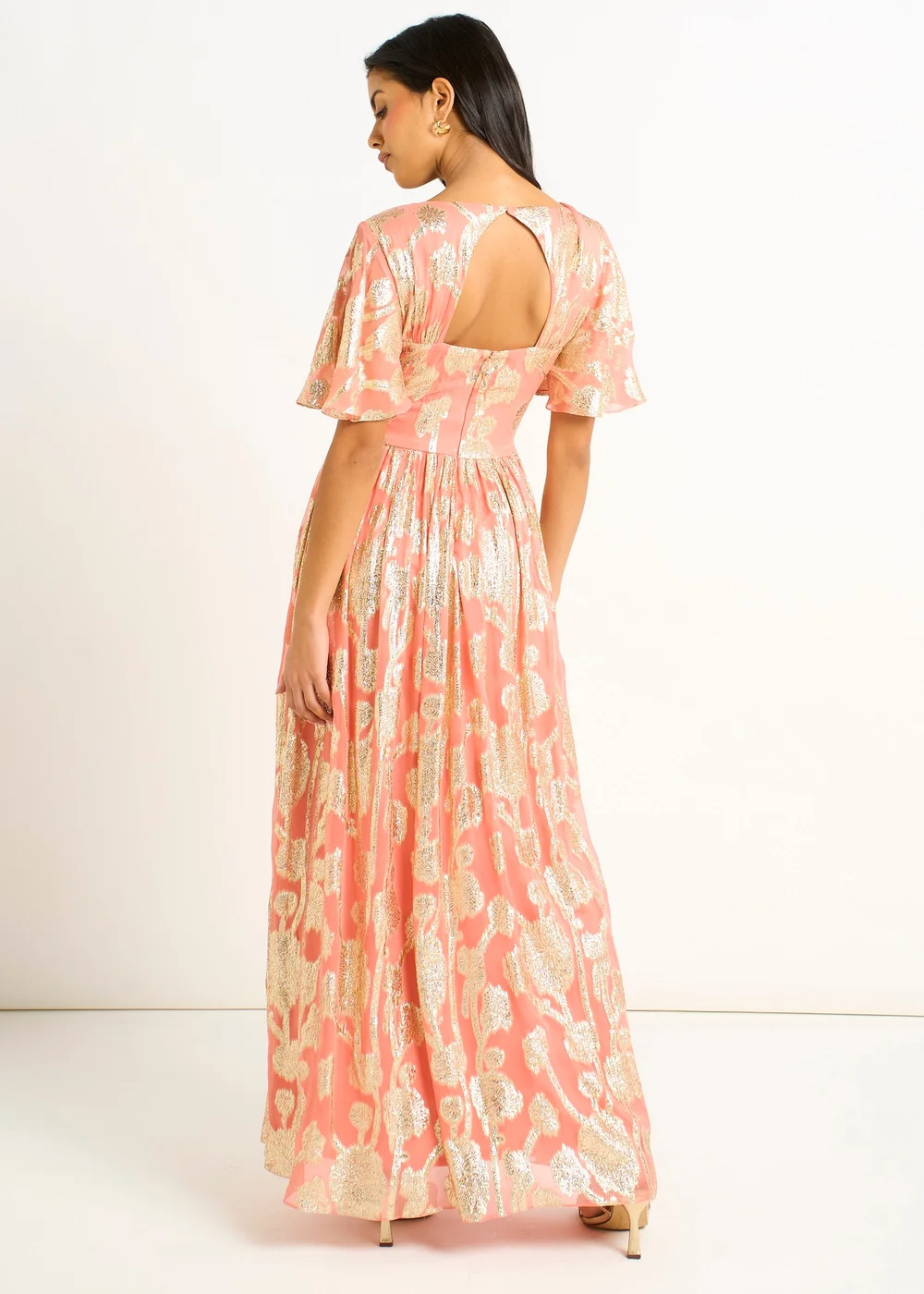 Gini London Pink Metallic Jacquard Flutter Sleeves Floral Maxi Dress - 8 Image 2