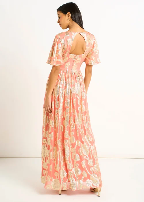 Gini London Pink Metallic Jacquard Flutter Sleeves Floral Maxi Dress - 8 Image 2
