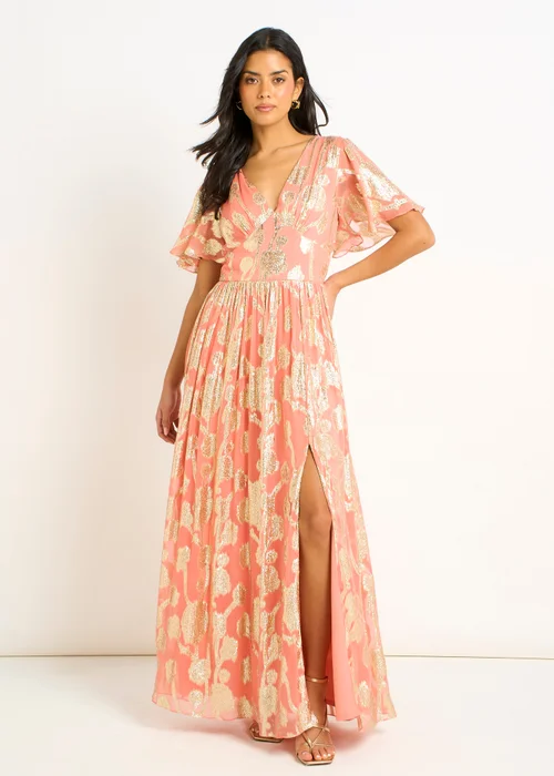 Gini London Pink Metallic Jacquard Flutter Sleeves Floral Maxi Dress - 8 Image 1