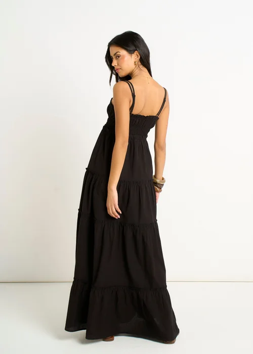 Gini London Black Cotton Shirred Strappy Flare Maxi Dress - 12 Image 2