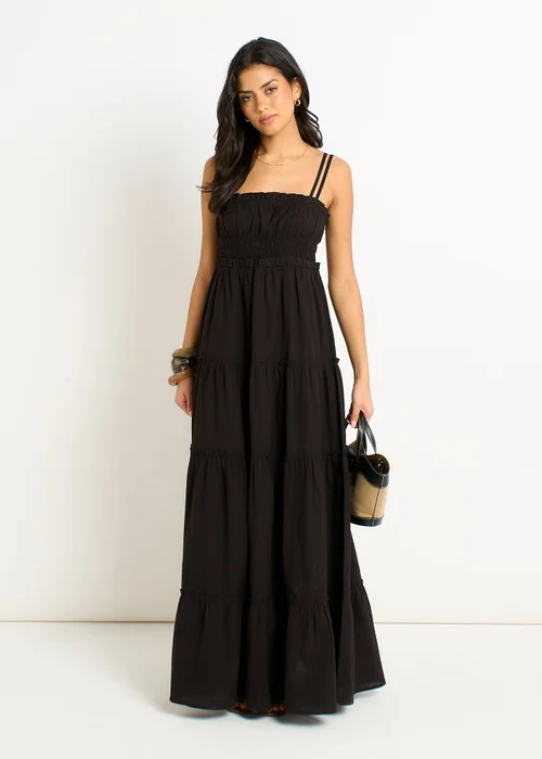 Gini London Black Cotton Shirred Strappy Flare Maxi Dress - 12 Image 1