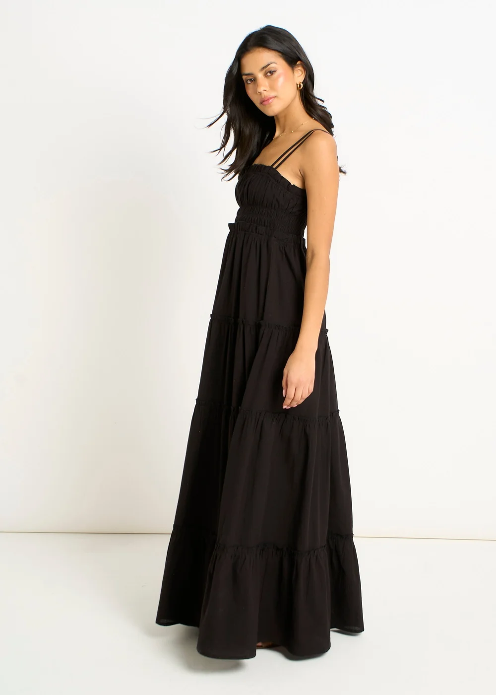 Gini London Black Cotton Shirred Strappy Flare Maxi Dress - 8 | Matalan Gini London Black Cotton Shirred Strappy Flare Maxi Dress - 8 | Matalan