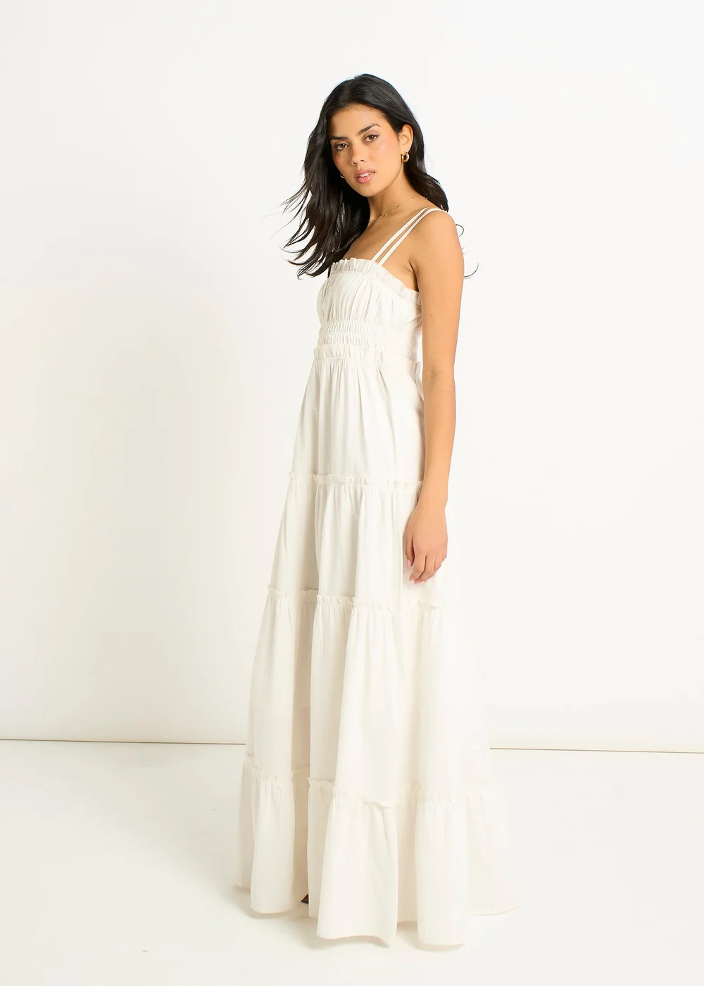 Gini London White Cotton Shirred Strappy Flare Maxi Dress - 14 Image 5