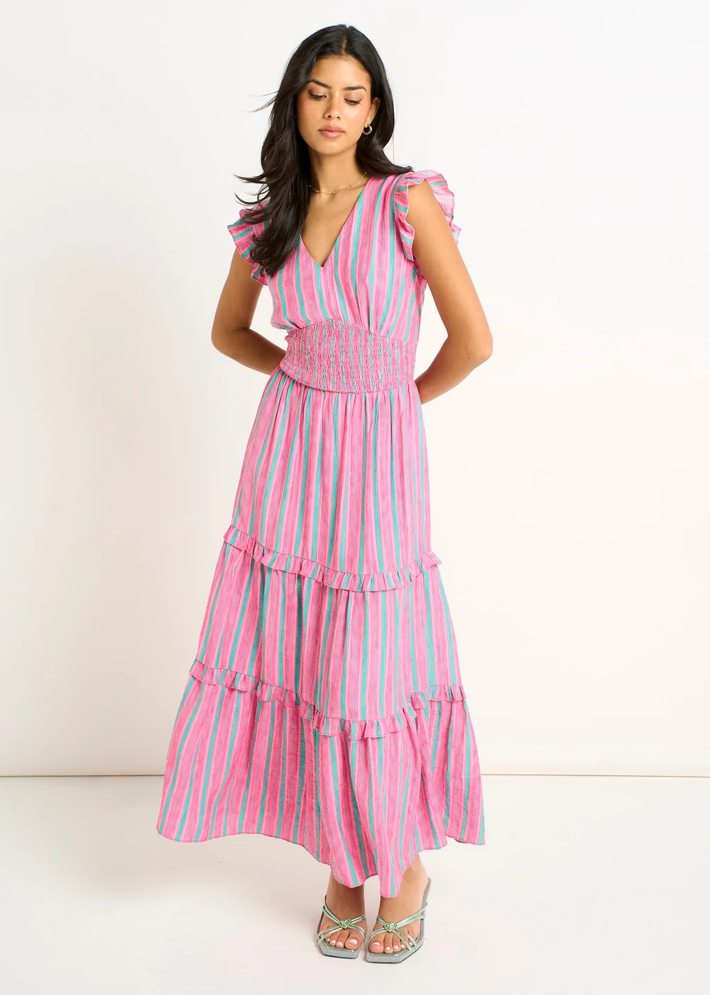 Gini London Pink Summer Stripe Shirred Waist Maxi Dress - 10 Image 1