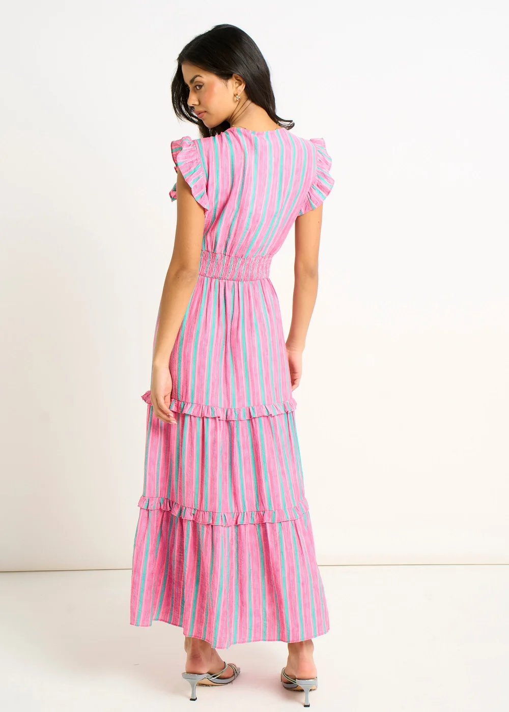 Gini London Pink Summer Stripe Shirred Waist Maxi Dress - 10 Image 2