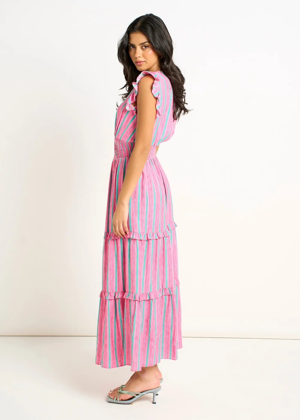 Gini London Pink Summer Stripe Shirred Waist Maxi Dress - 10 Image 4
