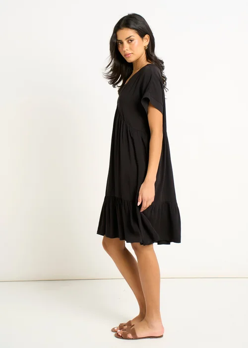 Gini London Black V Neck Tiered Mini Smock Dress - S/M Image 4