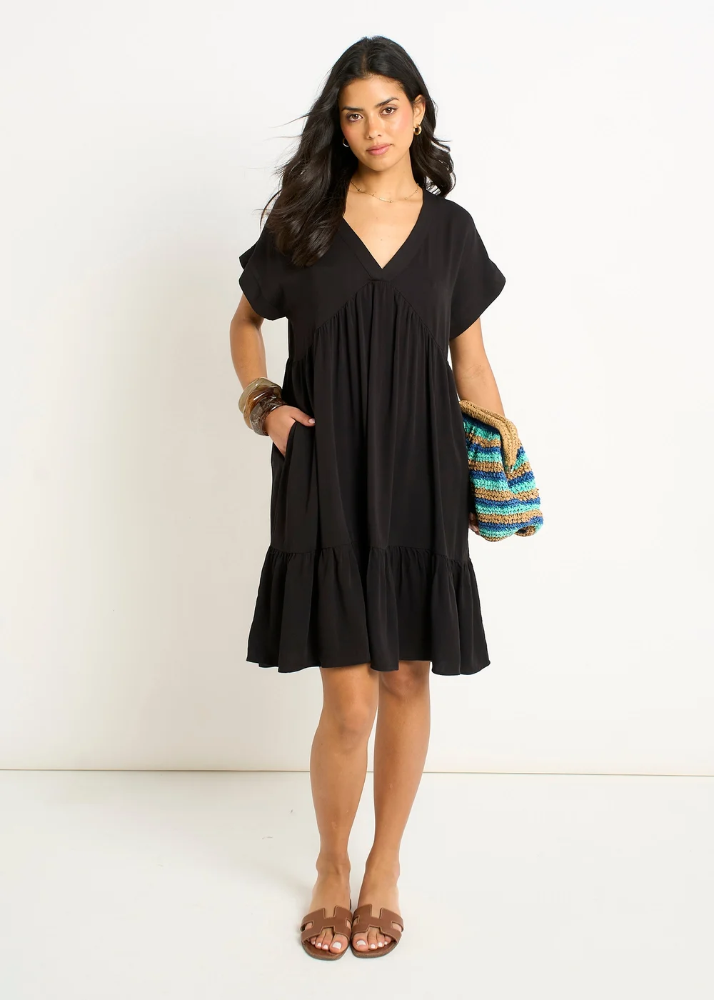 Gini London Black V Neck Tiered Mini Smock Dress - S/M Image 1