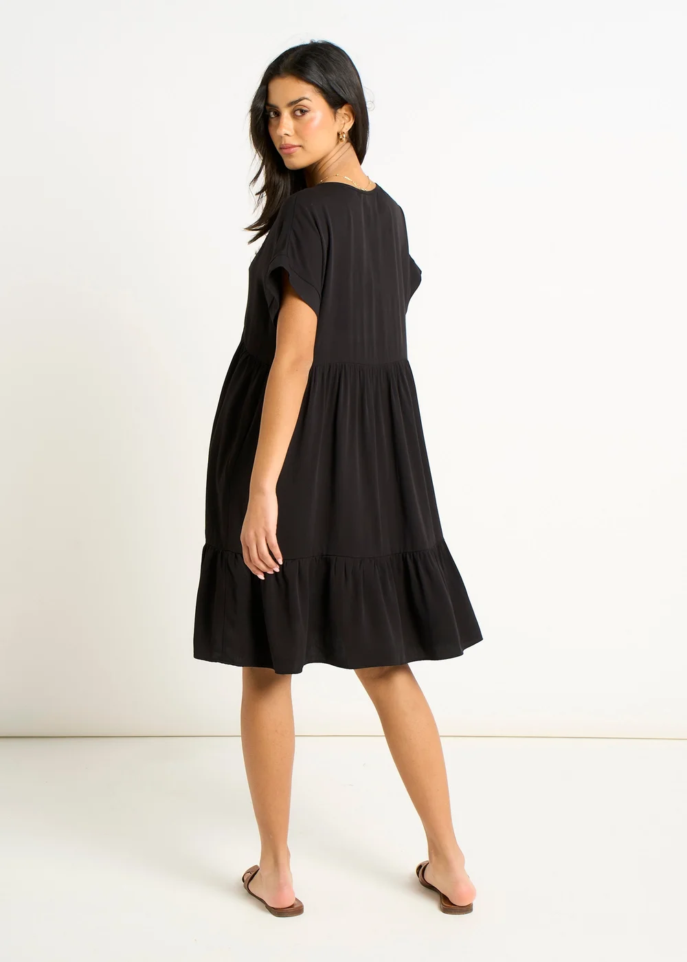 Gini London Black V Neck Tiered Mini Smock Dress - S/M Image 2