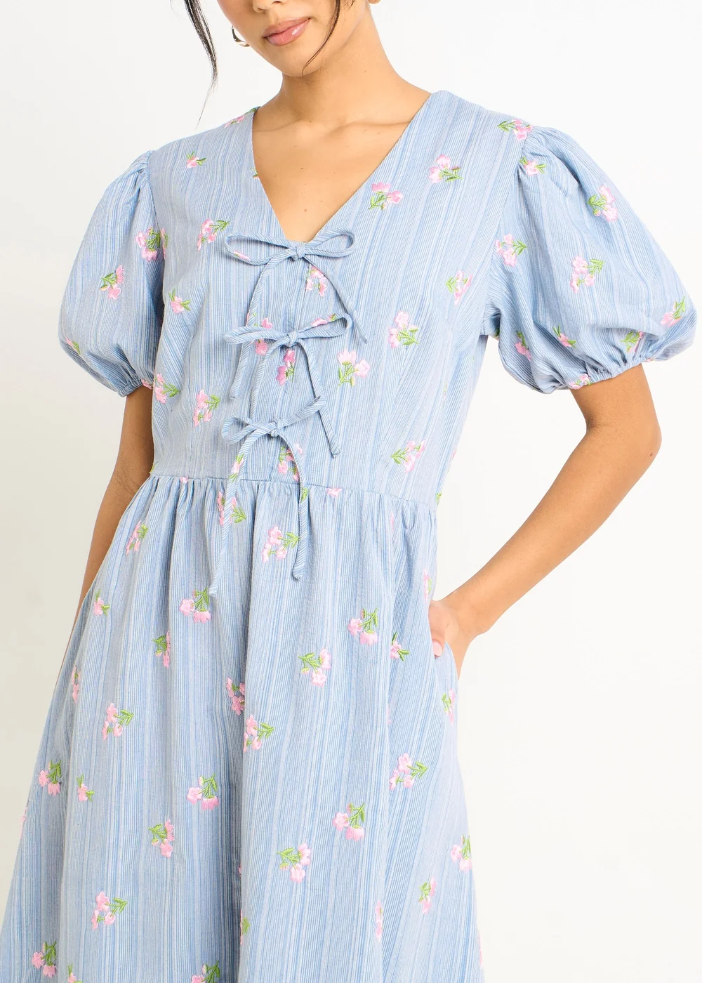 Gini London Blue Cotton Mix Tie Detail Puff Sleeves Midi Dress - 8 Image 3