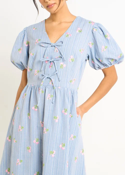 Gini London Blue Cotton Mix Tie Detail Puff Sleeves Midi Dress - 8 Image 3