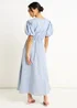 Gini London Blue Cotton Mix Tie Detail Puff Sleeves Midi Dress - 8 Image 2