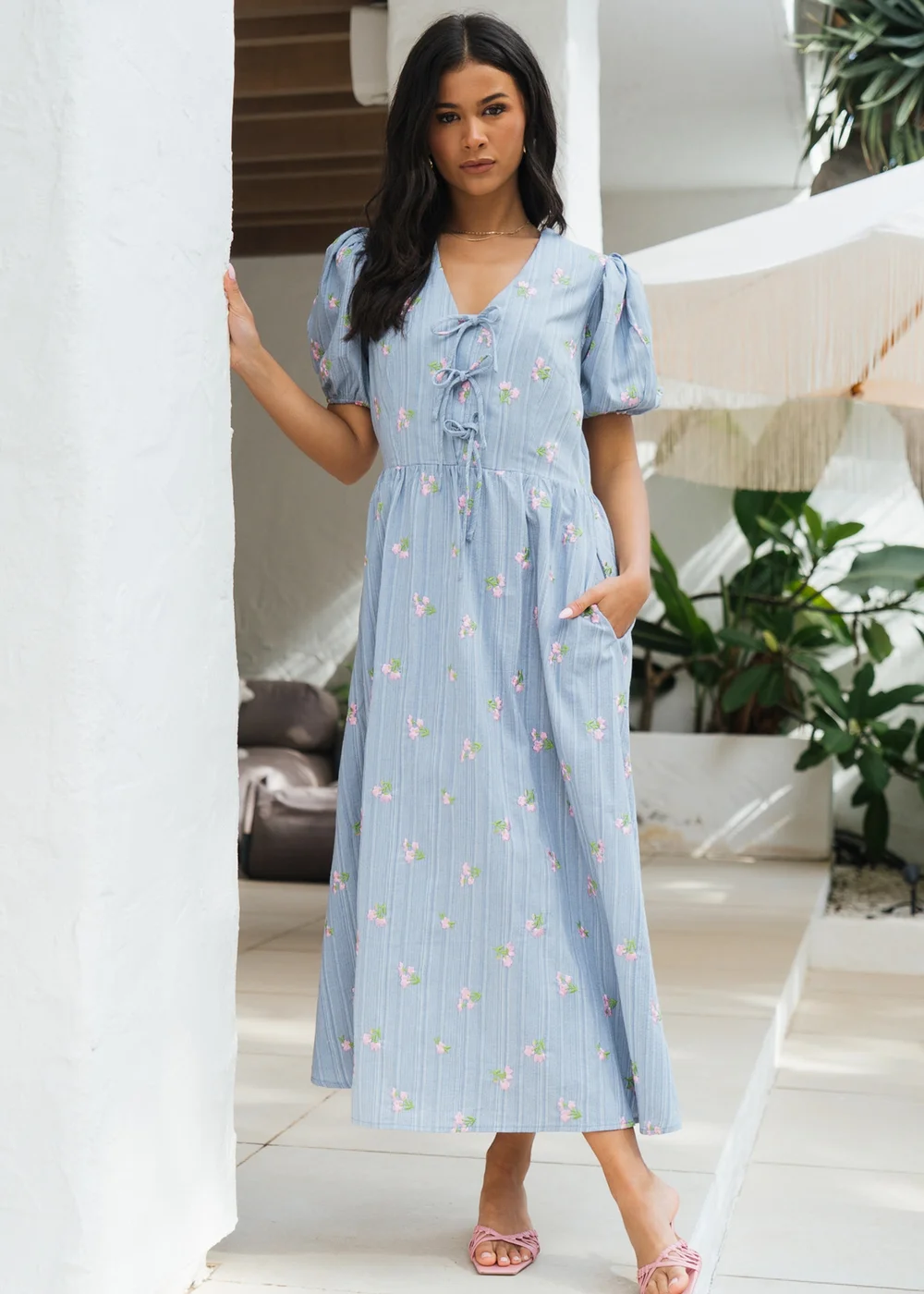 Gini London Blue Cotton Mix Tie Detail Puff Sleeves Midi Dress - 8 Image 5