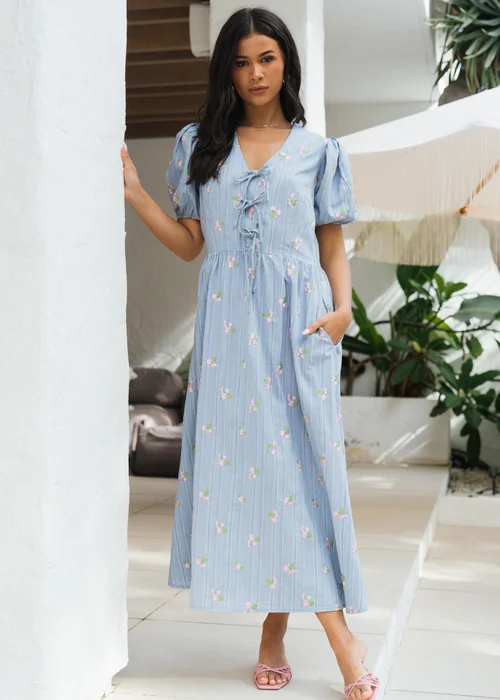 Gini London Blue Cotton Mix Tie Detail Puff Sleeves Midi Dress - 8 Image 5