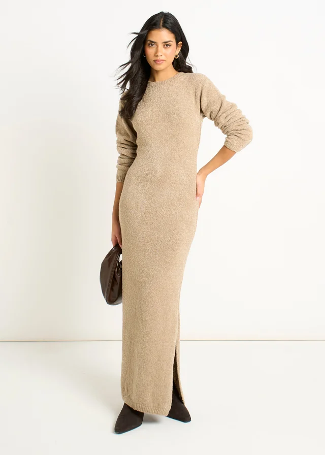 Gini London Oatmeal Jersey Boucle Bodycon Maxi Dress