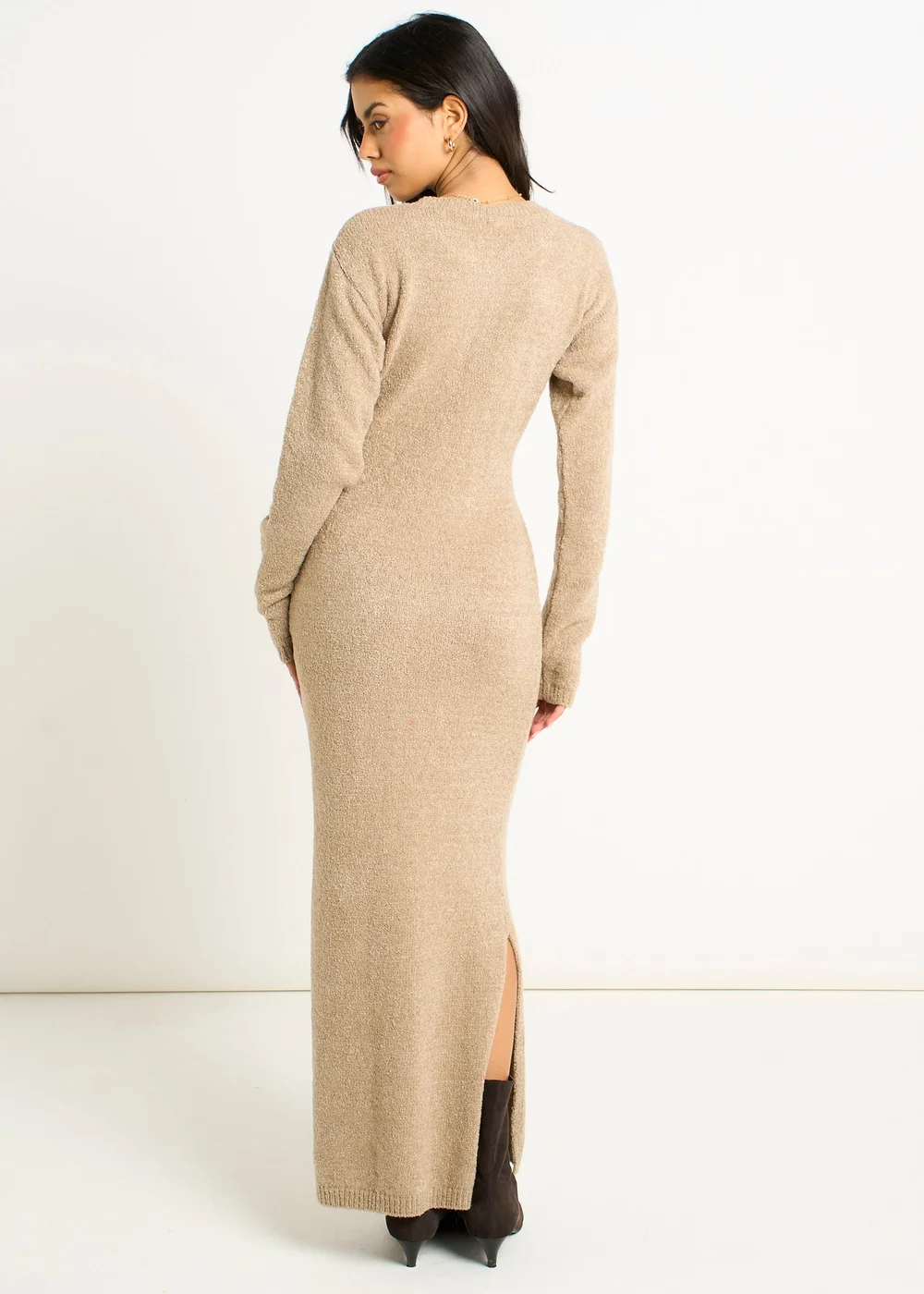 Gini London Oatmeal Jersey Boucle Bodycon Maxi Dress - S/M Image 2