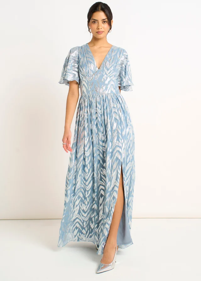 Gini London Blue Foil Metallic Print Short Sleeves Maxi Dress