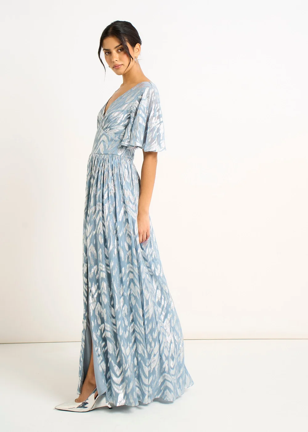 Gini London Blue Foil Metallic Print Short Sleeves Maxi Dress - 8 Image 4
