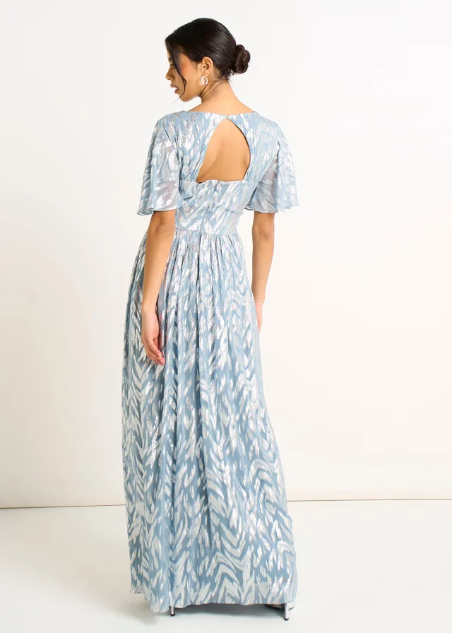 Gini London Blue Foil Metallic Print Short Sleeves Maxi Dress