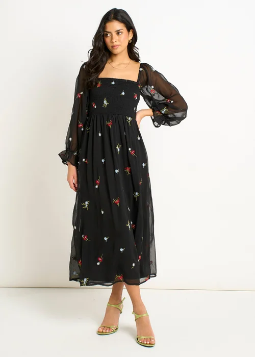 Gini London Black Chiffon Floral Embroidered Dress - 14 Image 1