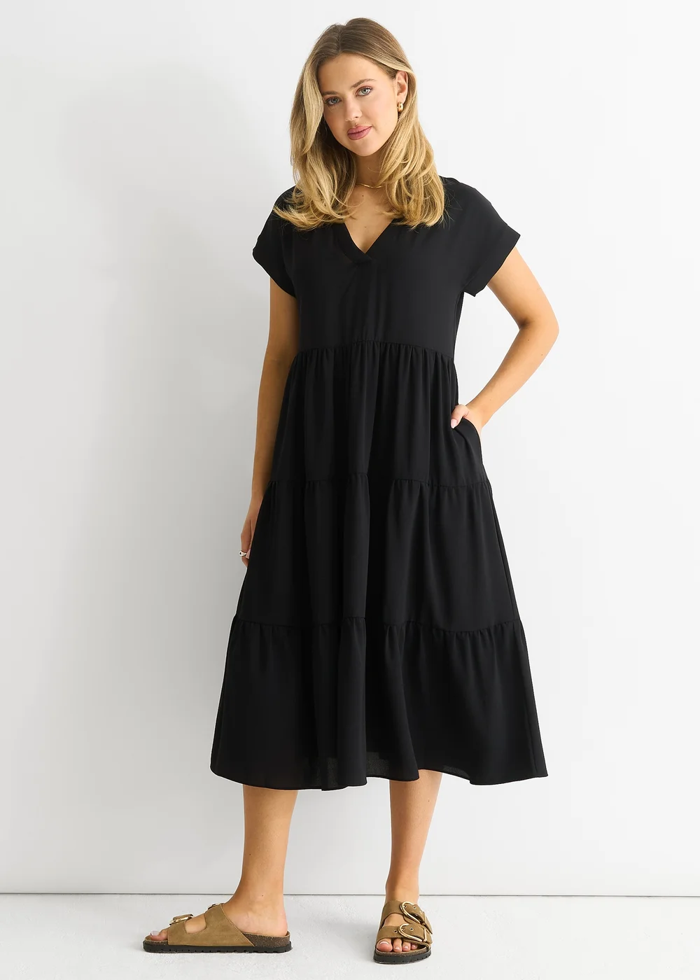 Gini London Black V Neck Pocket Smock Midi Dress - S/M Image 1
