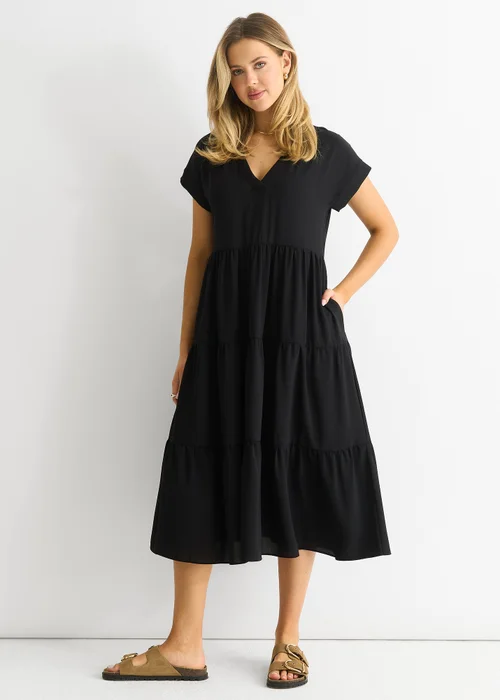 Gini London Black V Neck Pocket Smock Midi Dress - S/M Image 1