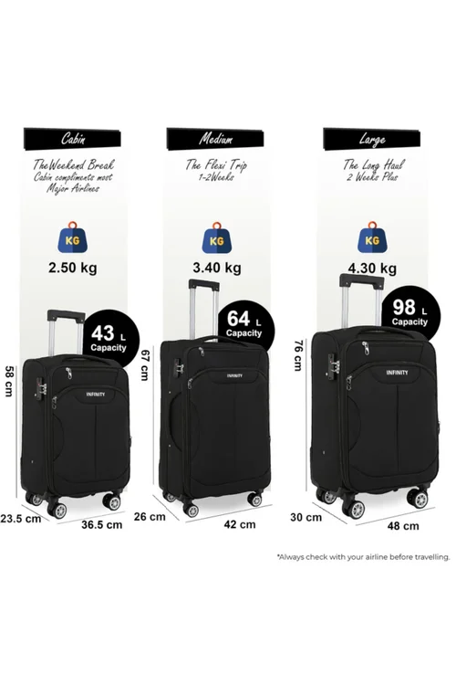 Infinity Luggage Black 8 Wheel Lightweight Suitcase - M Image 2
