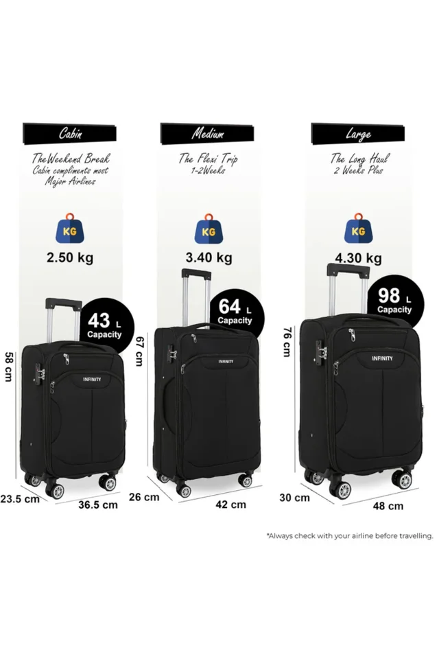 Infinity Luggage Black 8 Wheel Lightweight Suitcase