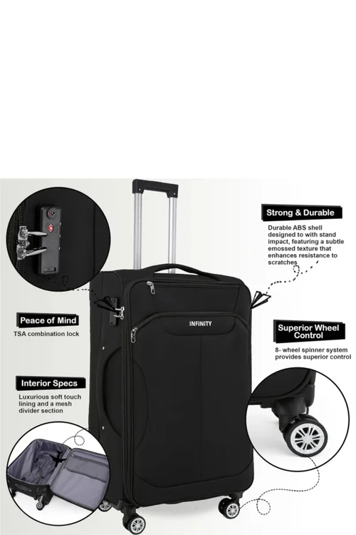 Infinity Luggage Black 8 Wheel Lightweight Suitcase - M Image 3