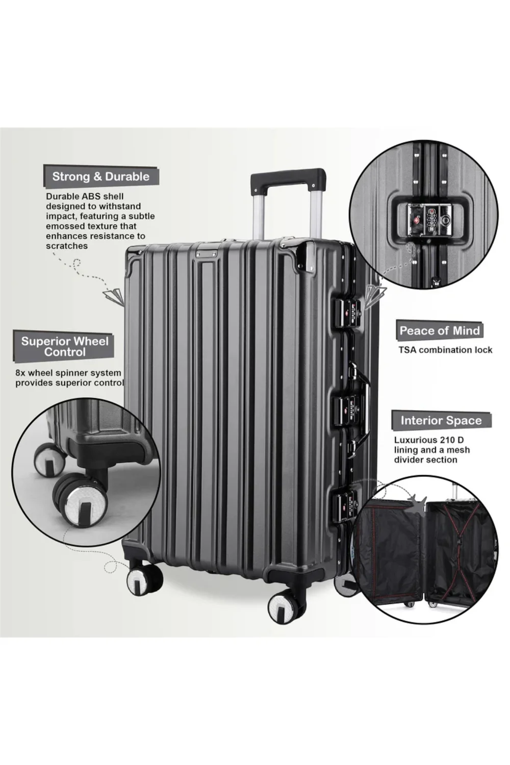 Infinity Luggage Charcoal Hard Shell Robust TSA Suitcases - Cabin Image 3