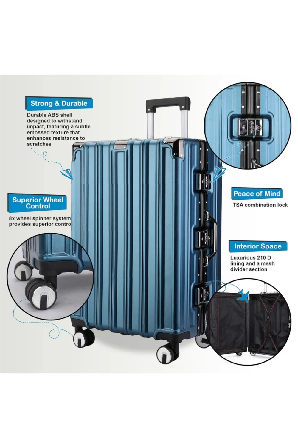 Infinity Luggage Blue Hard Shell Robust TSA Suitcases - M Image 3