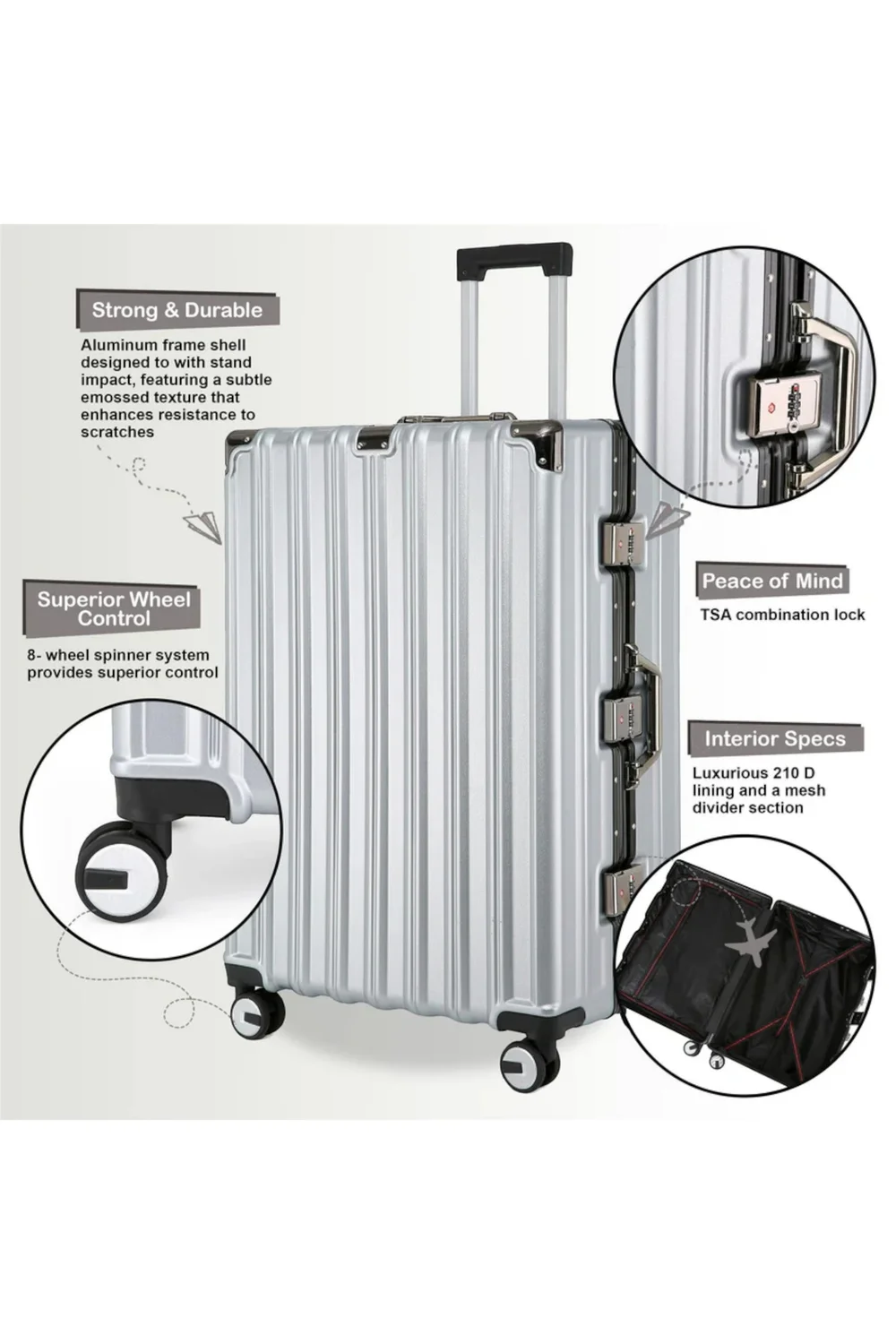 Infinity Luggage Silver Hardshell Robust 8 Wheel Suitcases - Cabin Image 3