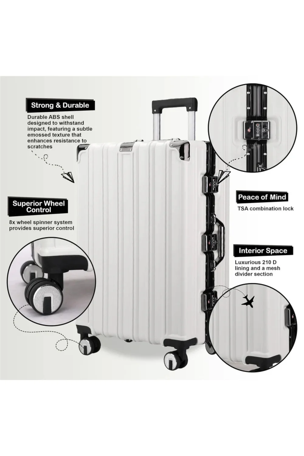 Infinity Luggage White Hard Shell Robust TSA Suitcases - Cabin Image 3