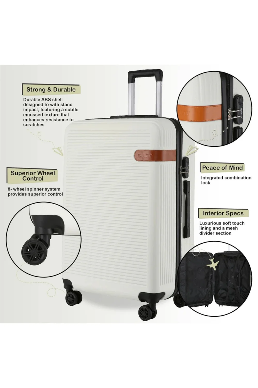 Infinity Luggage Cream Hard Shell Dual 4 Wheel Suitcase - Cabin Image 3