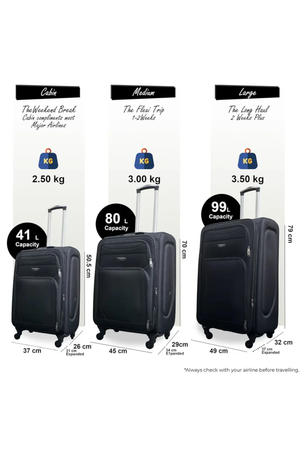 Infinity Luggage Black Soft Shell Lightweight Nylon Suitcase - Cabin Image 2
