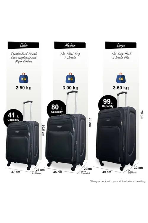 Infinity Luggage Black Soft Shell Lightweight Nylon Suitcase - Cabin Image 2